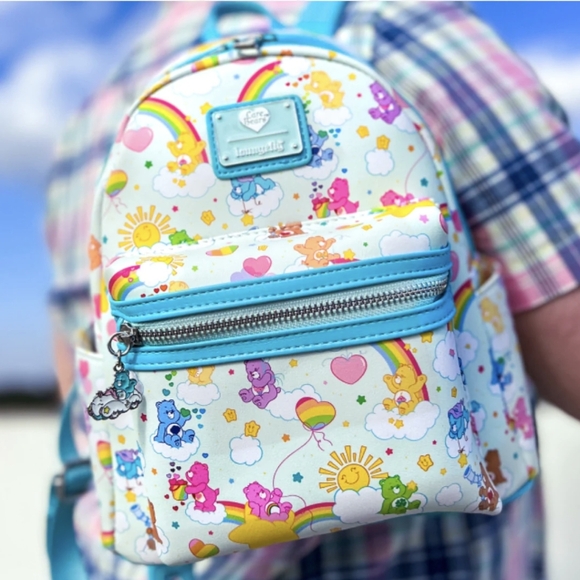 Loungefly Care Bears AOP Rainbow & Clouds Mini Backpack, White & Turquoise, NEW